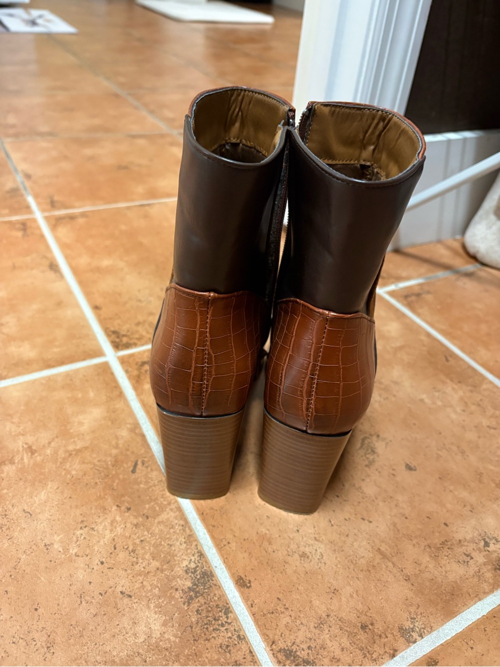 Pierre Dumas Two-Tone Brown & Cognac Block Heel Ankle Boots